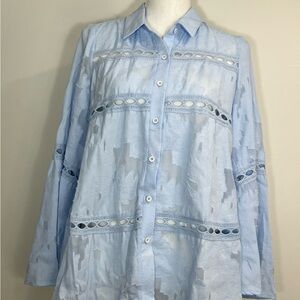 Light Blue Button-Up Blouse with Lace Details